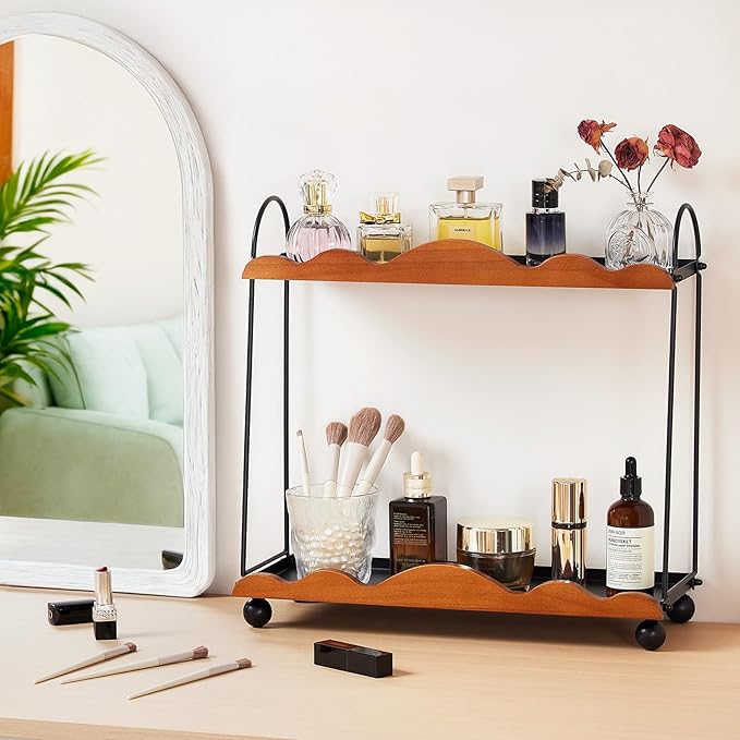 2 Tier Bathroom Countertop Organizer, Vanity Organizer and Storage for Skincare Perfume, Large Capacity Makeup Standing Counter Rack, Wood Counter Shelf for Bathroom Decor/Kitchen/Coffee Bar