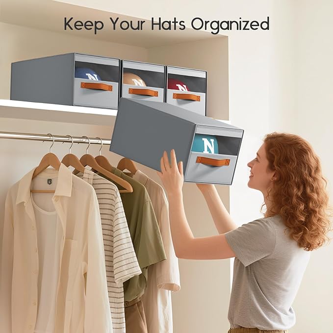 Hat Organizer for Baseball Caps - 2 Pack Pull-Out Drawer Hat Storage Organizer Box with Clear Window, Stackable Closet Cap Holder, Baseball Cap Organizer for Closet, Bedroom, Home, Gray