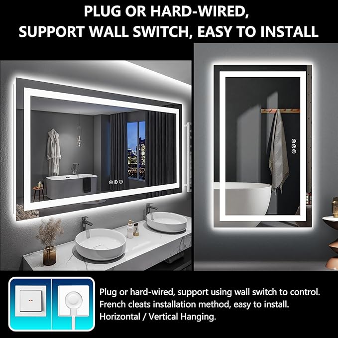 60x36 Inch LED Bathroom Mirror with Lights Front and Backlit Lighted Vanity Mirror for Bathroom Wall with 3 Colors Dimmable Anti-Fog Memory Shatter-Proof IP54 Waterproof Horizontal/Vertical