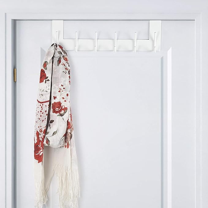 SKOLOO Over The Door Hook - 6 Hooks, No Assembly Required, Stainless Steel Door Hooks, Over Door Coat Rack for Hanging Coats Clothes Hats Robes, White, Pack of 2