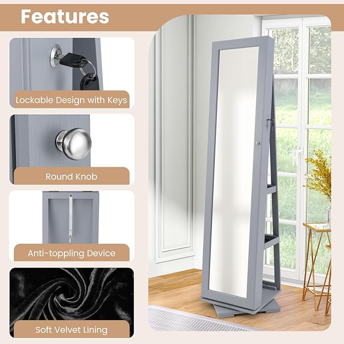 360° Swivel LED Mirror Jewelry Cabinet with Full Length Mirror, Lockable Floor Standing Mirrored Jewelry Armoire Organizer w/Inside Makeup Mirror & Back Storage Shelves, Space-Saving (Gray)