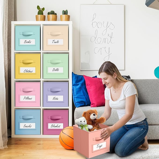 10 Pcs Fabric Storage Cubes with Labels 13 Inch Collapsible Cube Organizer Baskets with Window Cards for Shelf Nursery Clothes Book Toys Storage Bin(Macaroon)