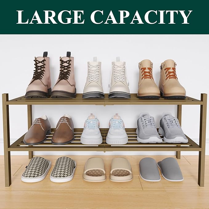 Smiry Bamboo Shoe Rack 2-Tier, Stackable Wooden Shoe Organizer for Entryway & Closet, Free Standing Wood Shoe Storage Shelf for Front Door & Small Spaces, Walnut