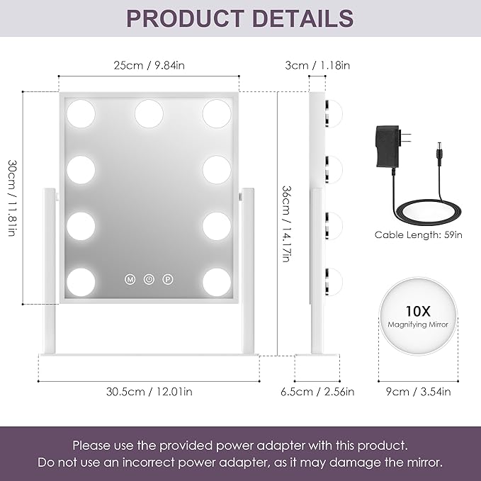 Sucedey Vanity Mirror with Lights, Makeup Mirror with Lights, 3 Color Lighting Modes Detachable 10X Magnification Mirror Touch Control, 360°Rotation, White