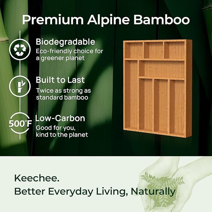 Carbonized Bamboo Kitchen Drawer Organizer, 8 Slots Silverware Organizer, Utensil Holder & Cutlery Tray, 2.2" Deep for Extra Capacity, Non-Slip Feet Included
