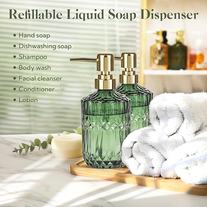 6 Pack Glass Soap Dispenser with Pump 15.2 oz Refillable Liquid Hand Soap Dish Soap Dispensers Vintage Soap Dispenser Liquid Bottle for Kitchen Sink Bathroom Counter(Green,Gold Pump Head)