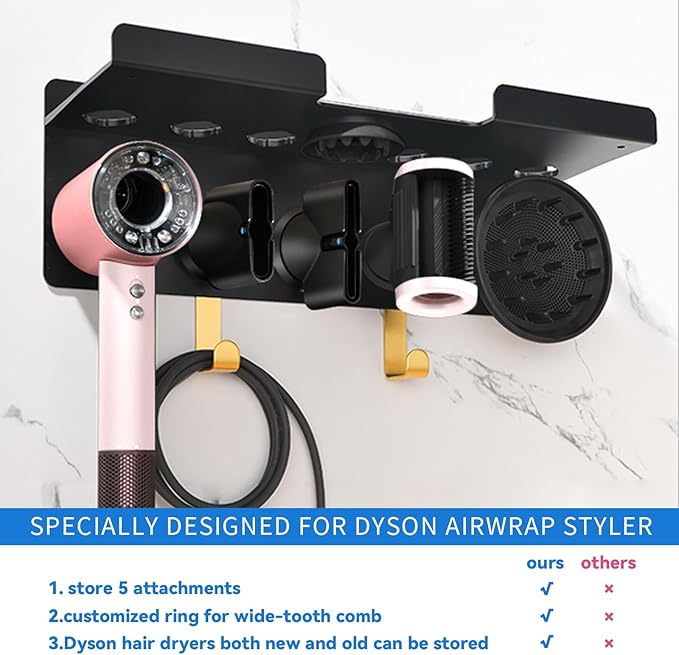 Wall Mount Holder for Dyson Airwrap Styler & HD16 Hair Dryer, 2-in-1 Curling Iron Organizer with Hooks, Magnetic Storage Rack for Accessories Nozzles Barrels Brushes
