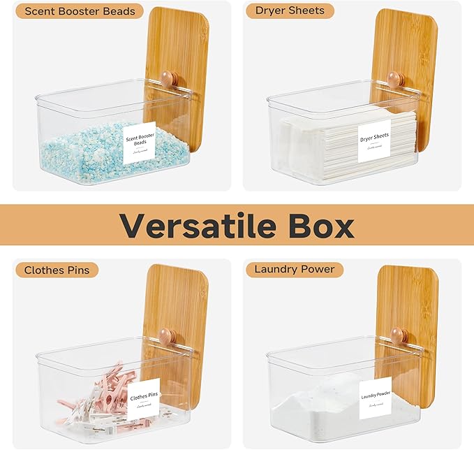 Glass Laundry Pods Container & Acrylic Dryer Sheet Holder with Bamboo Knobs Lids, Scoops & Labels | Premium Laundry Room Organization and Storage for Detergent Pods, Powder, Dryer Balls & Beads