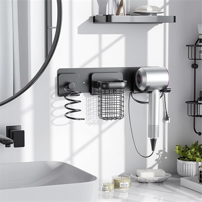 Tindbea Upgraded Aluminum Alloy Hair Dryer Holder Wall Mounted with Built-in Cord Wrap,3-in-1 Hair Tool Organizer for Blow Dryer, Curling Iron, and Straightener, Matte Black