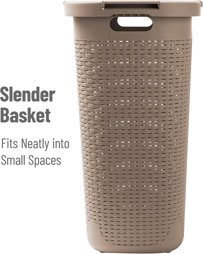 Mind Reader Slim Laundry Hamper with Lid, 60L Clothes Basket, Premium Wicker Design, Plastic, Tan