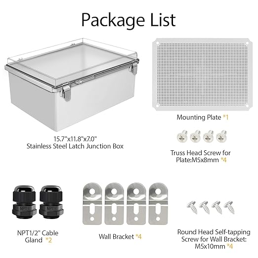 LeMotech Electrical Box, IP67 Waterproof Hinged Clear Cover Stainless Steel Latch Junction Box, ABS Plastic Electrical Enclosure with Mounting Plate,Wall Brackets, Cable Glands,15.7"x11.8"x7.0",Grey