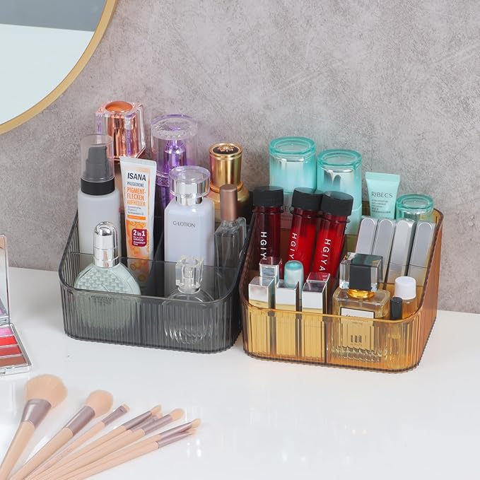 Amber Makeup Brush Holder Organizer for Vanity, Bathroom Countertop Organizer 5 Cups, Toiletry Storage & Display for Skincare, Perfume, Hairbrush, Sunglasses & Desk Accessories