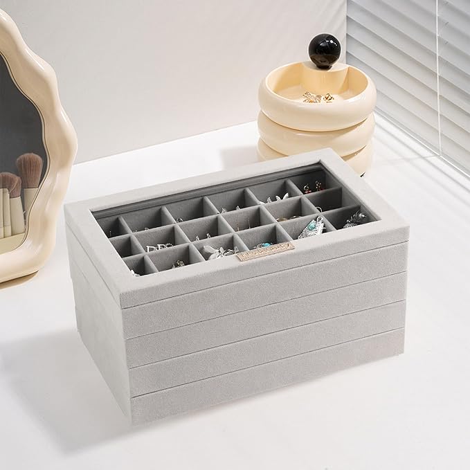 Frebeauty Stackable Jewelry Trays,Velvet Jewelry Organizer for Drawer,5-in-1 Jewelry Storage Box with Lid,Vanity Jewelry Display for Earrings Necklaces Rings,10.5 x 6.5 x 5.55 Inches,Gift for Women