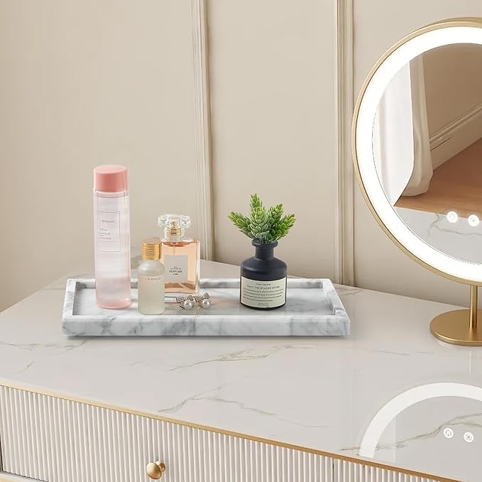 Luxury Natural Small Marble Tray for Bathroom Vanity and Kitchen Sink, Stone Countertop Organizer for Soap Dispenser, Jewelry, Perfume, Candle, Ring, Home Decor, Non-Resin Non-Ceramic
