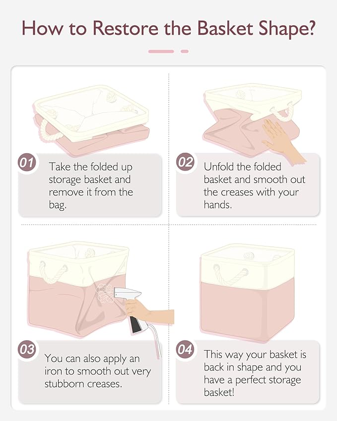 11 Inch Storage Cubes 4-Pack, Foldable Fabric Organizer Bins with Rope Handles, Cube Storage Baskets for Closet Shelves and Home Organization(White/Pink)