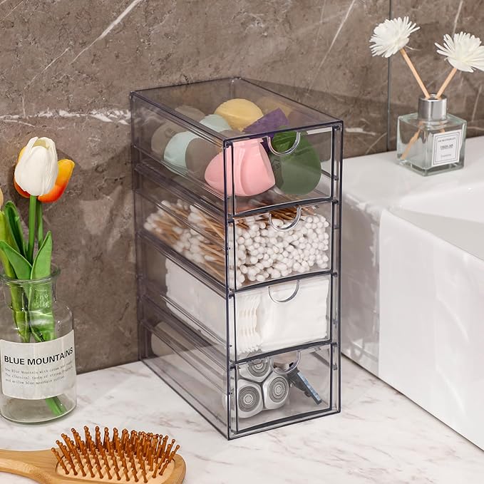 FABROK Clear Hair Accessory Organizer Box with 4 Drawers, Compact Storage Organization Drawers Set for Cosmetics, Glasses, Stationery, Stackable Storage Containers Box for Bathroom, Closet, Desk, Office