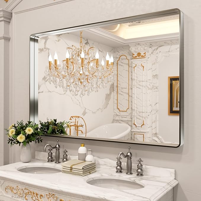 LOAAO 60X40 Inch Brushed Nickel Bathroom Mirror, Rounded Rectangle Silver Metal Frame Mirror, Brushed Nickel, Anti-Rust, Shatter Proof, Hangs Horizontally or Vertically