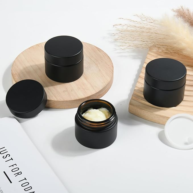 1 oz Reusable Black Glass Container Jars 24 Pack with Wide-mouth Leak Proof Cap and Inner Pull-On Lid for Travel Storage Makeup, Face Creams, Body Lotions, DIY Crafts or Others