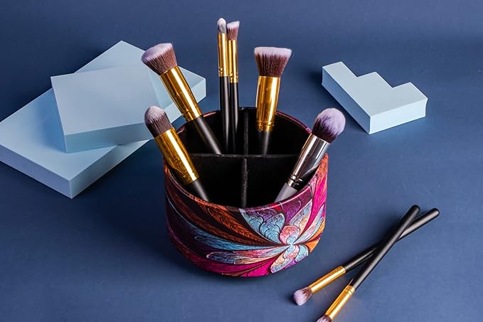 Hennaja Round Leather Art Supply Organizer,Remote Control Holder,360 Degree Rotating,Multi-Functional Pencil Holder,4 Compartments Desktop Stationary Organizer(1-Fractal Flower) | Round, 360 Degree Rotating, Multi-Functional, Desktop