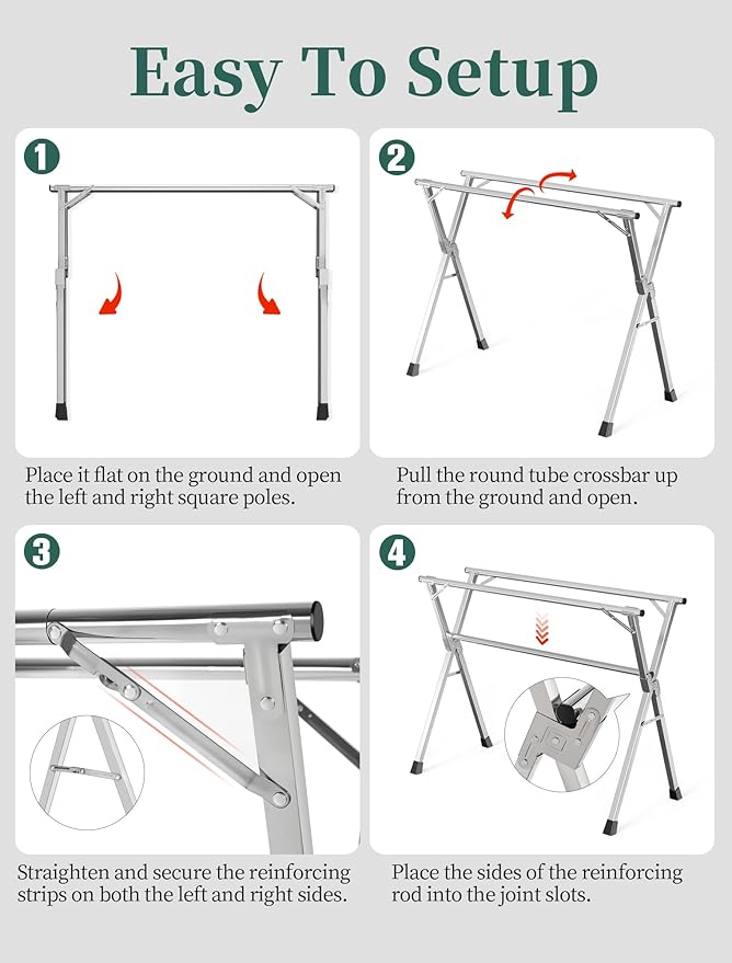 95 Inches Heavy - Duty Stainless Steel Folding Clothes Drying Rack Clothing Indoor Outdoor Anti-Rust 20 Windproof Hooks Portable & Foldable Laundry Rack (95'')