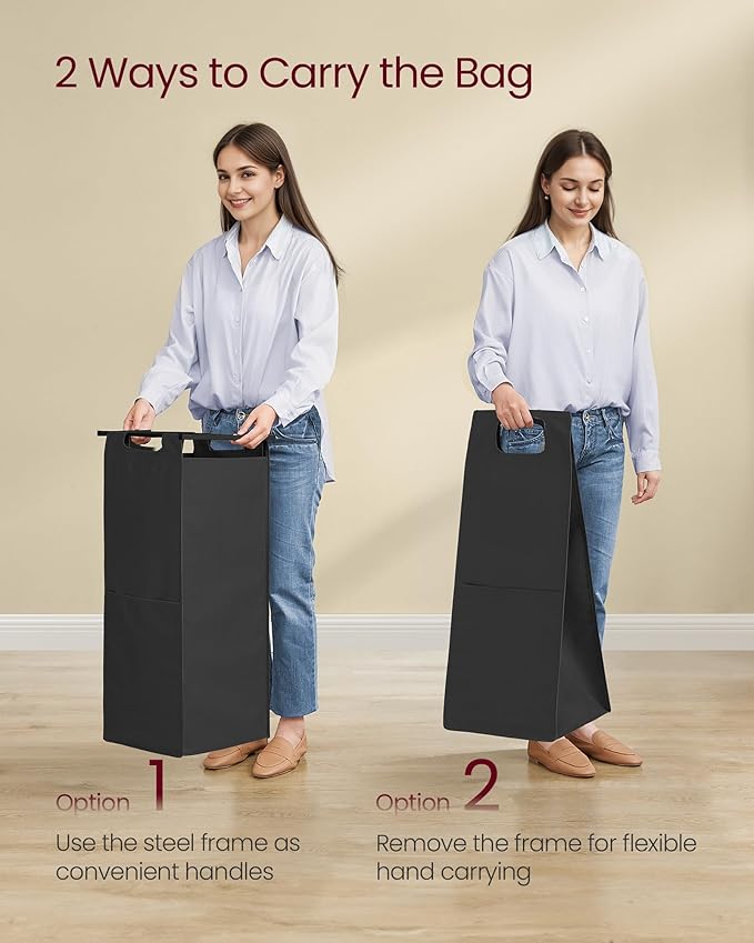 VASAGLE Laundry Sorter, 43.5 Gal. (165 L) Laundry Hamper Basket with 3 Compartments, Rolling Cart with Wheels, Shelf, Removable Bags, Pockets, Ink Black and Rustic Brown UBLH031B01