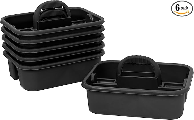 Akro-Mils 09185 Plastic Tote Tool & Supply Cleaning Caddy with Handle, 18-3/8-Inch x 13-7/8-Inch x 9-Inch, Black, 6-Pack