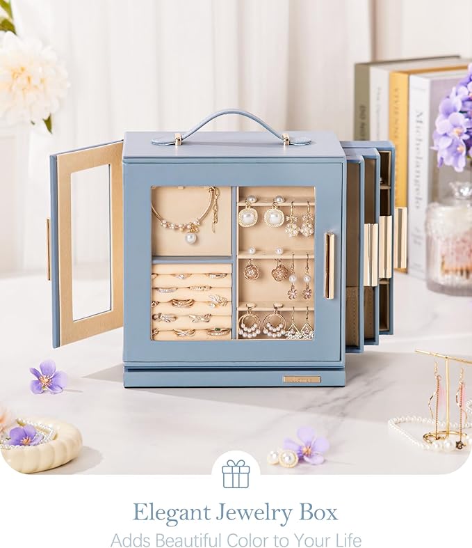 Homde Valentine's Day gifts Jewelry Box 360° Rotating, Necklace Earring Organizer with Transparent Window, Mirror, 7 Drawers, Large Ring Display Storage Case for Girls Women (Grey Blue)