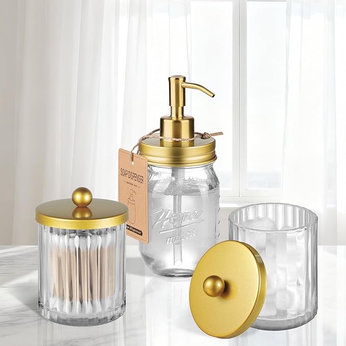 Amolliar Qtip Holder Dispenser for Bathroom, Clear Glass Canister Apothecary Jar for Cotton Swabs, Cotton Balls, Makeup Pads, Floss Picks, Container for Countertop Vanity Storage Organizer,Gold 2 Pack
