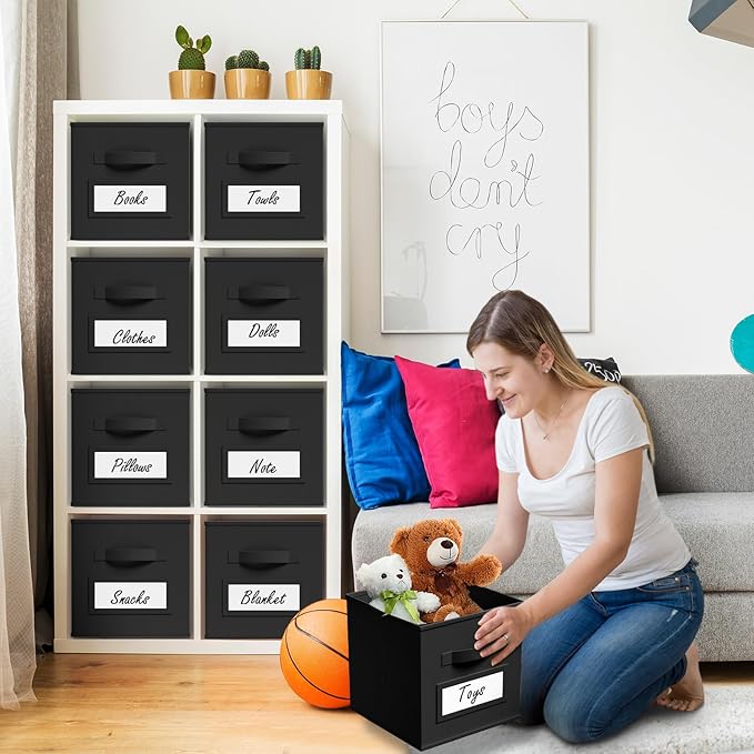 10 Pcs Fabric Storage Cubes with Labels 11 Inch Collapsible Cube Organizer Baskets with Window Cards for Shelf Nursery Clothes Book Toys Storage Bin(Black)
