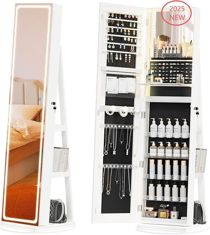 Mirror Jewelry Cabinet Standing, Jewelry Armoire with Full-Length LED Mirror and Adjustable Lights, 360° Swivel Jewelry Organizer Storage, Upgrade White