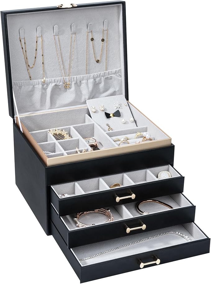 Jewelry Boxes for Women, Large Jewelry Storage Boxes, 4-Layer Leather Jewelry Organizer with 3 Drawers, Jewelry Display Case Gift for Women Girls, Black