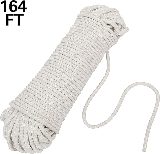 KEILEOHO 164 FT 1/4 Inch White Cotton Rope, Clothesline Rope, Craft Knitting Dream Catcher Rope, Cotton Clothesline for DIY Rope Basket Bowl Mat Candle Replacement Wick, with 2 Stainless Steel Hooks
