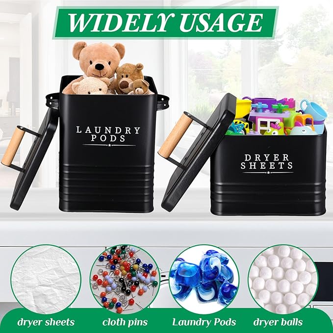 2 Pcs Laundry Pod Container with Dryer Sheet Holder Farmhouse Laundry Room Decor Organization and Storage Detergent Container Box with Lid Handle Metal Dryer Sheet Dispenser(Black)
