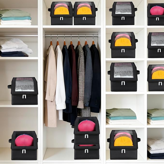 2 Pack Hat Storage for Baseball Caps-Holds Up to 28 Caps, Hat Organizer for Closet Stackable Hat Box with Cardboard, Dust-proof Beanie organizer with 2 Handles for Home Travel (Black, 2Pack-Small)