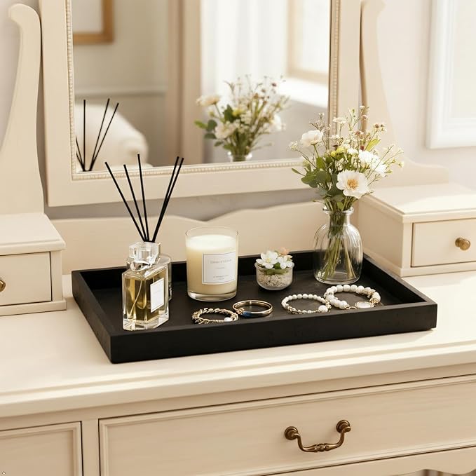 Artificial Travertine Tray, 12"x8" Perfume Tray for Bathroom Counter, Vanity, Home Organizer, Decorative Marble Trays for Perfume, Jewelry, Candles, Coffee, Rectangle, Black