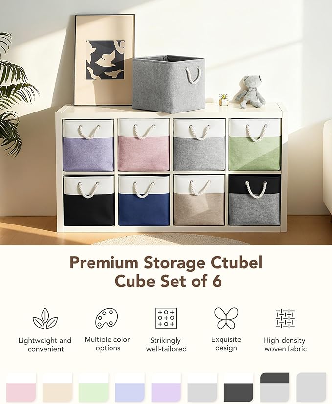 13x15x13 Storage Cube Bins, Heavy Duty Foldable Fabric Storage Bins with Handles and Metal Frame, 6 Pack Large Closet Organizer Bins for Clothes, Socks, Towels, White Grey