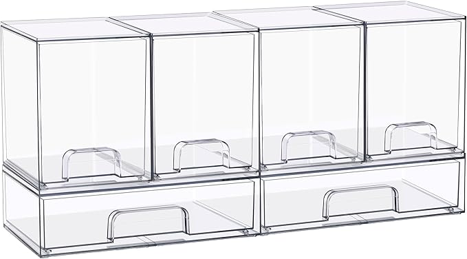 Sorbus Stackable Acrylic Storage Drawers – 4 Tall + 2 Wide – 6 Pack Clear Plastic Organizer Bins for Baby Bottles, Makeup, Bathroom & Vanity, Pull-Out Drawer Design for Kitchen Cabinets