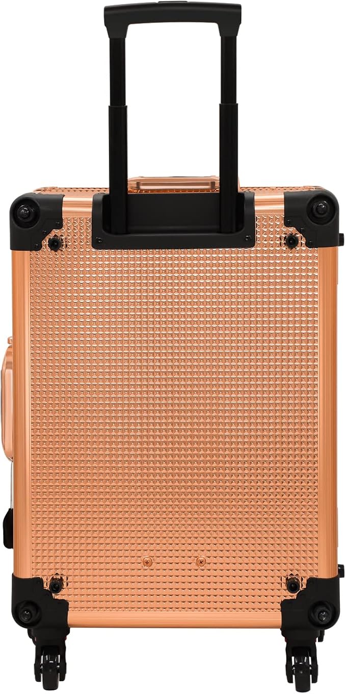 Aluminum Trolley Makeup Train Case with LED Lights Professional Cosmetic Organizer Studio with Speaker, Wheels and Stands Rolling Lighted Makeup Vanity Station for Travel (Rose Gold)