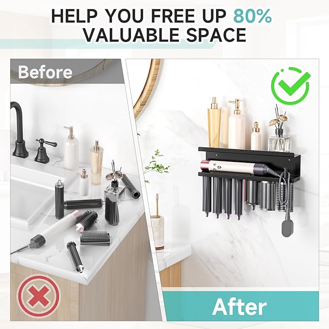 Hair Dryer Holder Wall Mounted, Straighteners Holder Adhesive, Metals Curling Iron Holders Accessories Storage, Hair Tool Organizer for Cabinet Bathroom Bedroom Barber Shops (Black)