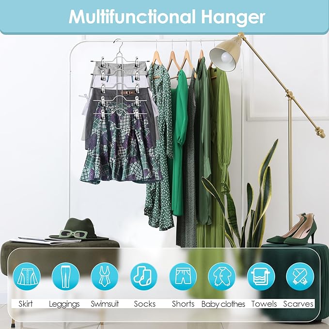 Skirt Hangers Space Saving for Woman, Jadkysarh 5 Tier Pants Organizer Hanger with Adjustable Clips Closet Organizer and Storage for Jeans, Leggings, Short - 2 Pack, Black