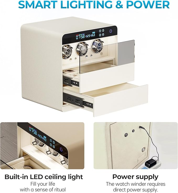 ZL ZELing Jewelry Box with Watch Winder, Fingerprint and Password Lock, Large Capacity Storage for with Necklace/Rings/Bracelets/Watchesage&Organizer Women Gifts,Dual Drawers, Beige