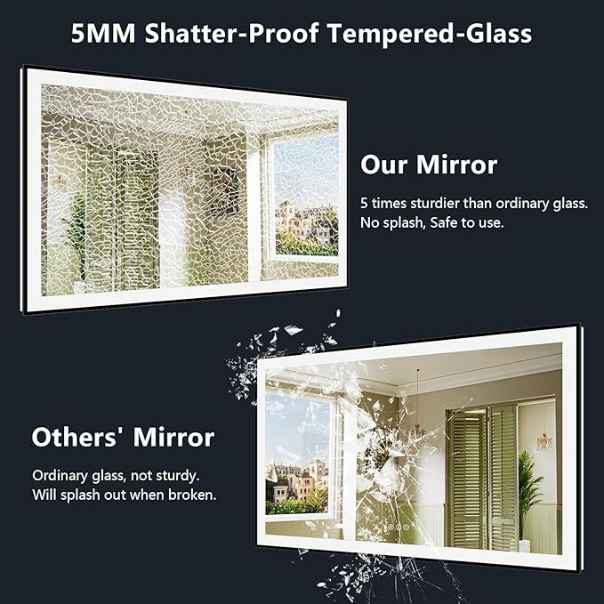 60x36 Inch LED Bathroom Mirror with Lights (Front Lit and Backlit) Black Framed Lighted Vanity Mirror for Bathroom Wall Dimmable Anti-Fog Memory Tempered Glass Horizontal/Vertical