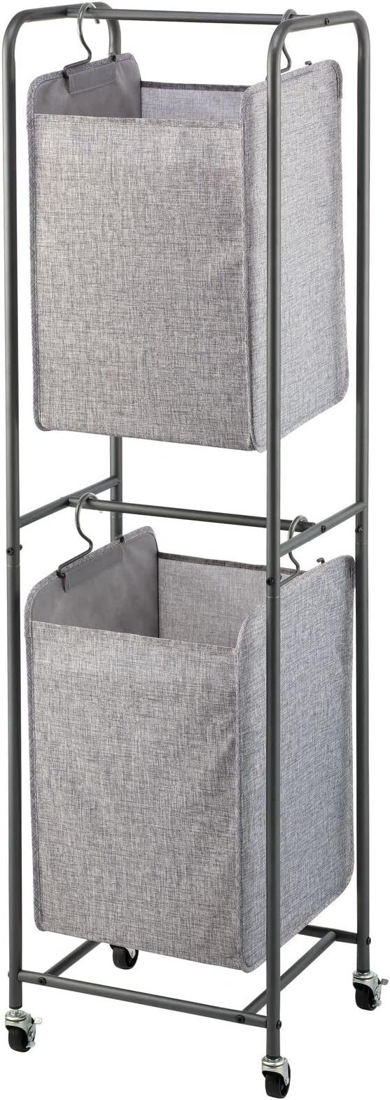 mDesign Vertical Stacked Laundry Hamper Basket with Wheels, Portable, 2 Removable Bags for Organizing Clothes, Laundry, Lights, Darks - Strong Metal Frame - Dark Gray