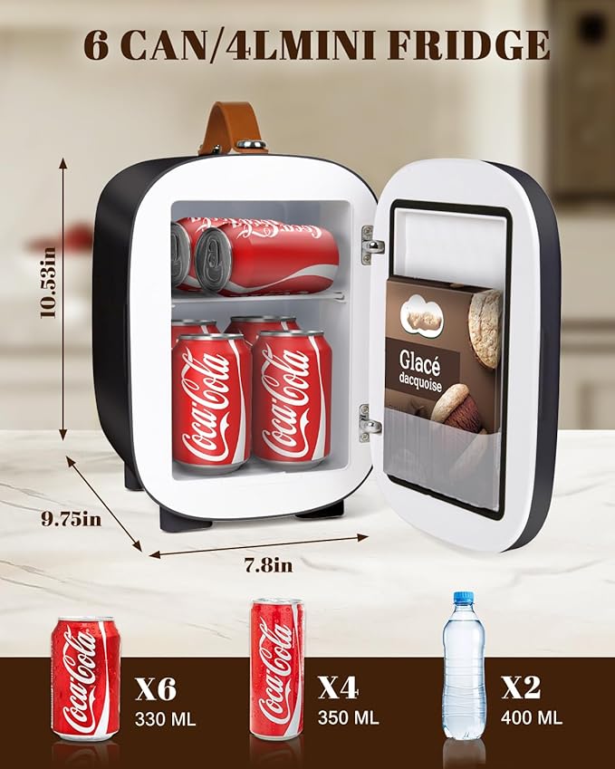 Mini Fridge for Bedroom, 4 Liter/6 Cans Skincare Small Refrigerator, AC/DC Portable Mini Cooler & Warmer, Small Fridge for Camping, Dorm, Office, Car (Black)
