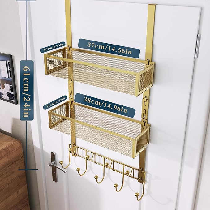 Consumest Over The Door Hooks Organizer - Extra Long Door Hanger with 9 Coat Hooks & 2 Mesh Basket, Back Storage Organizer Hanging Towels for Bathroom, Bedroom, Gold (for 1.76 in Doors)