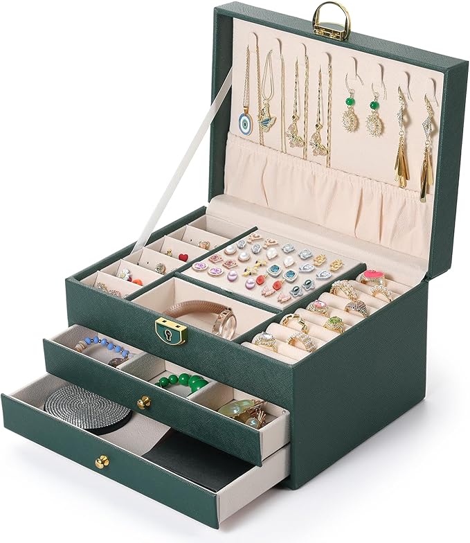 3 Layer Jewelry Box, Jewelry Holder Organizer with 2 Drawer Tray, Large boxes for Women Velvet Earring Organizer, Lockable & Organizers, Birthday Gifts for Women Mom, Green