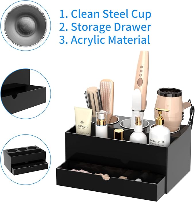 NIUBEE Hair Tool Organizer, Black Acrylic Hair Dryer and Styling Organizer with Drawer, Bathroom Countertop Blow Dryer Holder, Vanity Caddy Storage Stand for Accessories, Makeup, Toiletries