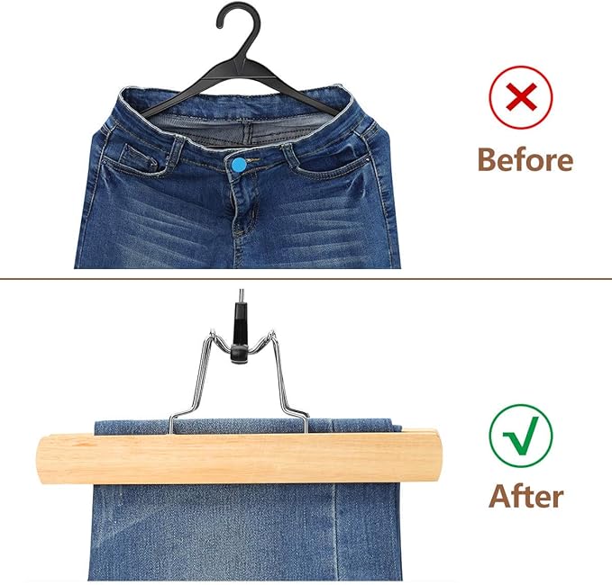 AMKUFO 12 Pack Natural Wooden Pants Hangers with Clips Non Slip Skirt Hangers Trouser Clamp Hanger Solid Wood Hanger with 360° Swivel Hook