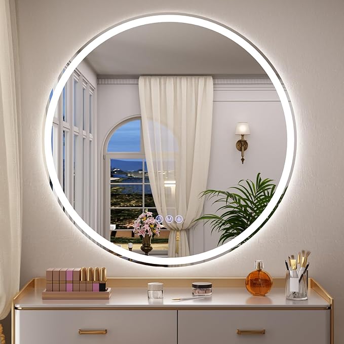 BEAUTYPEAK 24x24 LED Round Bathroom Mirror with Lights, Anti-Fog, Dimmable, Backlit + Front Lit, Lighted Bathroom Vanity Mirror for Wall, 3 Colors, Memory Function, Tempered Glass, Shatter-Proof