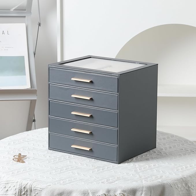 Frebeauty Clear Lid Jewelry Box,5-Layer Jewelry Organizer with Drawer,PU Leather Jewelry Organizers and Storage,Jewelry Boxes for Women,Jewelry Storage for Rings Earring Stud,Gift for Women(Grey)